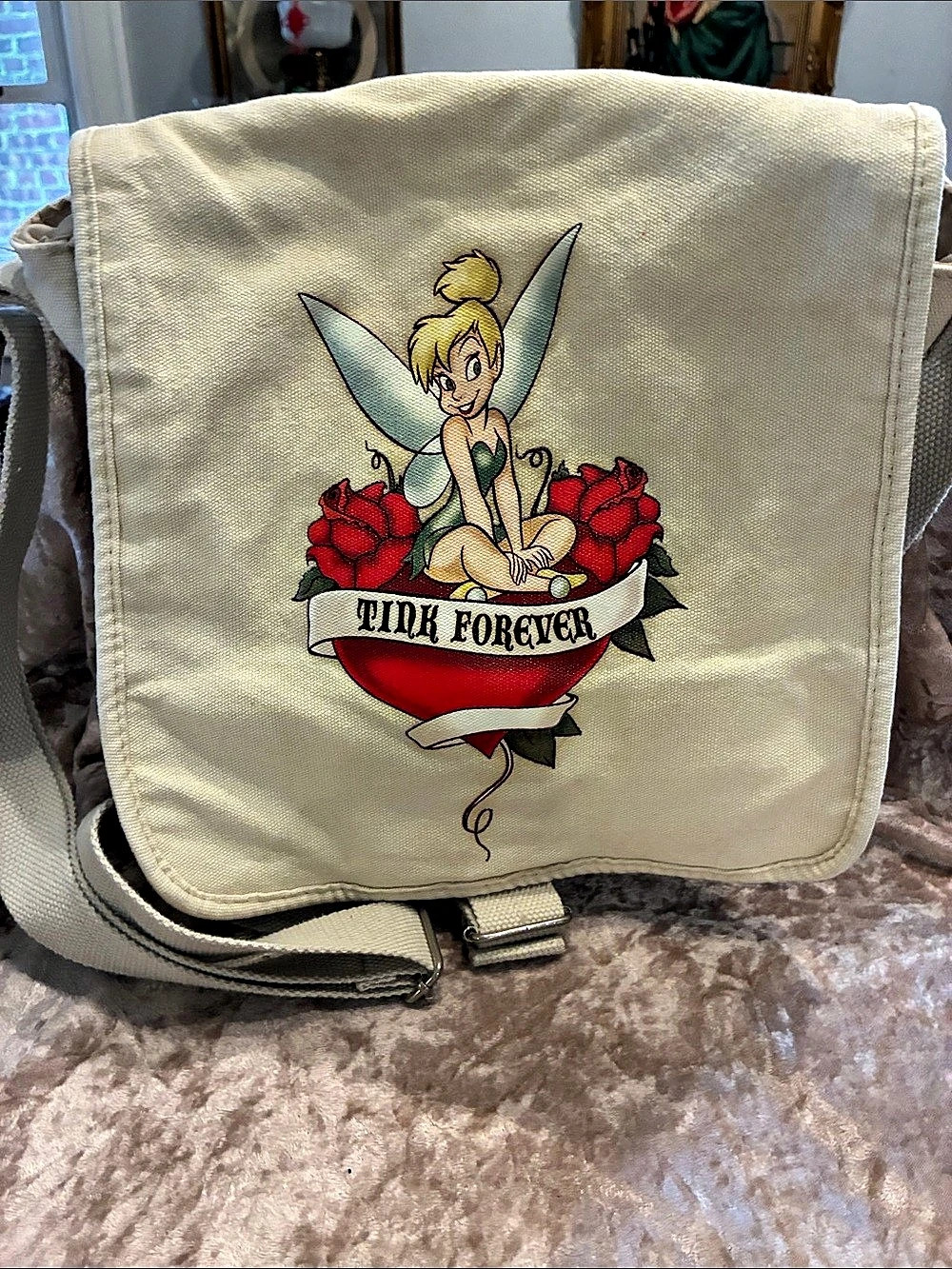 Disney Tinker Bell Tink Forever Canvas Messenger Bag Crossbody Bag Cream & Red